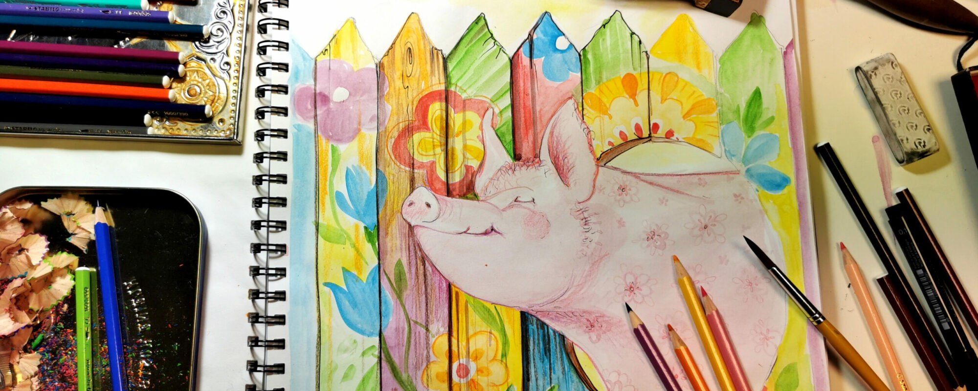 Fröhliche Illustration einer Tiergeschichte von der Künstlerin Biggi Hopp im Atelier Insel der Lebensfreude in St.Egidien