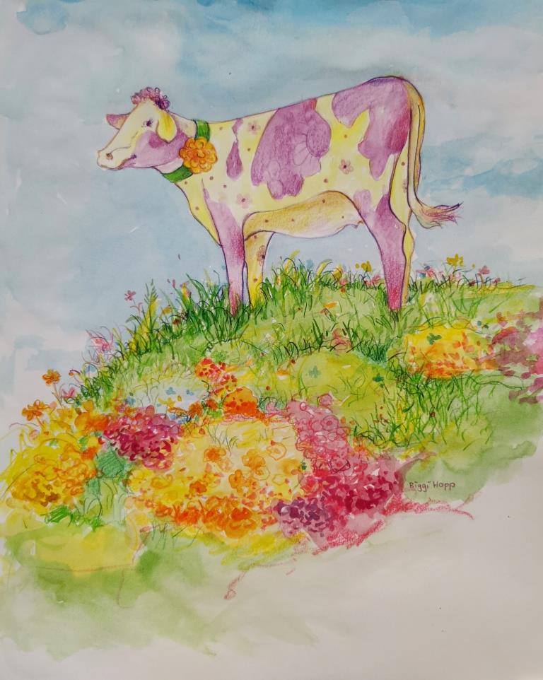 Kuh Frieda auf bunter Blumenwiese