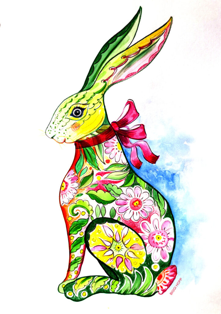 bunter Hase gemalt mit Blumen