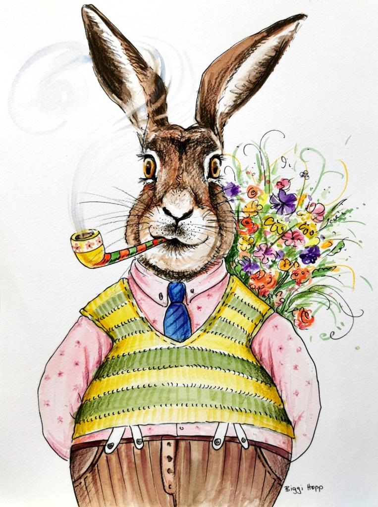 Hase mit Blumenstrauß