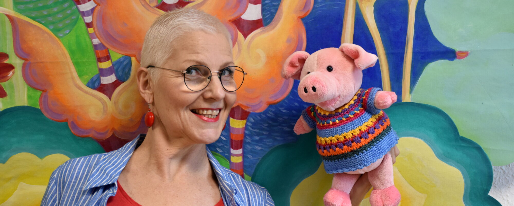Mobiles Erzähltheater mit der fröhlichen Künstlerin Biggi Hopp und dem kleinem Schweinchen Rosalinchen