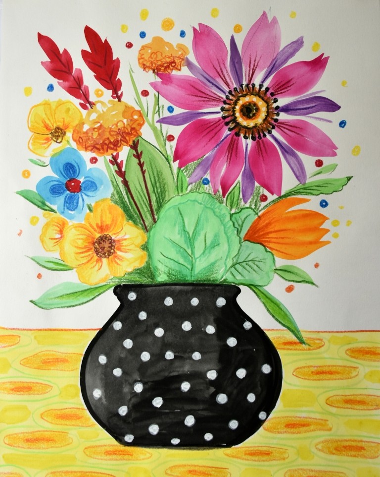 Bunter Blumenstrauß in schwarzer Vase, lebensfrohes Aquarell von Biggi Hopp in St.Egidien