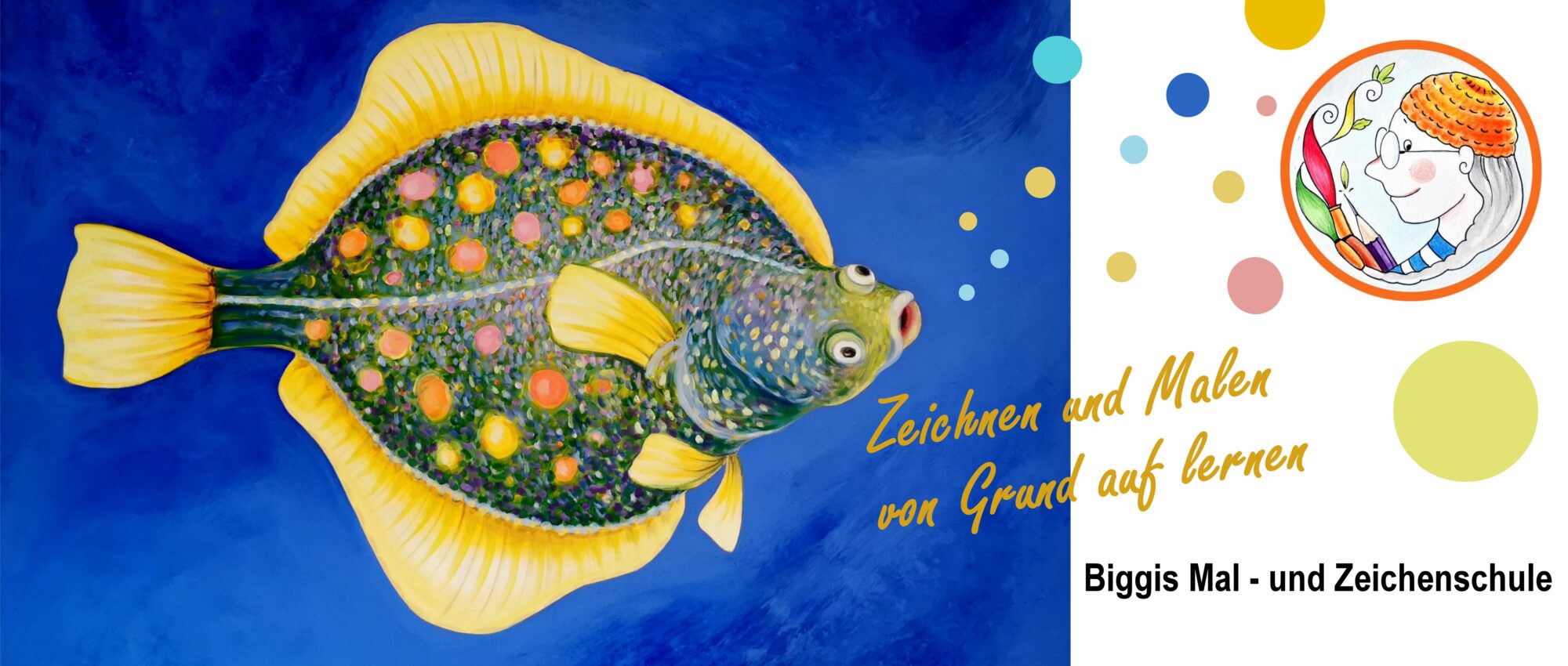 Bunter Fisch auf blauem Grund gemalt von Biggi Hopp für Biggis Mal - und Zeichenschule in St. Egidien