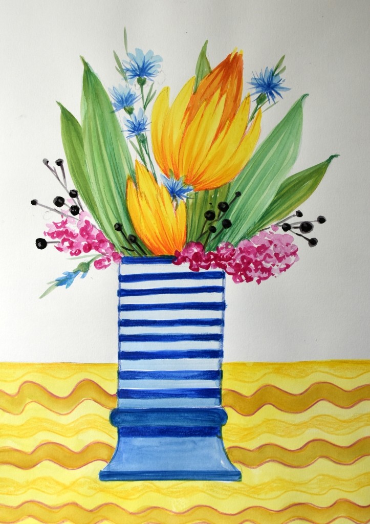 Gelbe Blumen in Leuchturmvase, munteres Aquarell von Biggi Hopp in St. Egidien