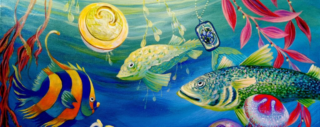 Lebensfrohe Kunst hier ein Unterwasserbild der Künstlerin Biggi Hopp entstanden im Atelier Insel der Lebensfreude in St. Egidien