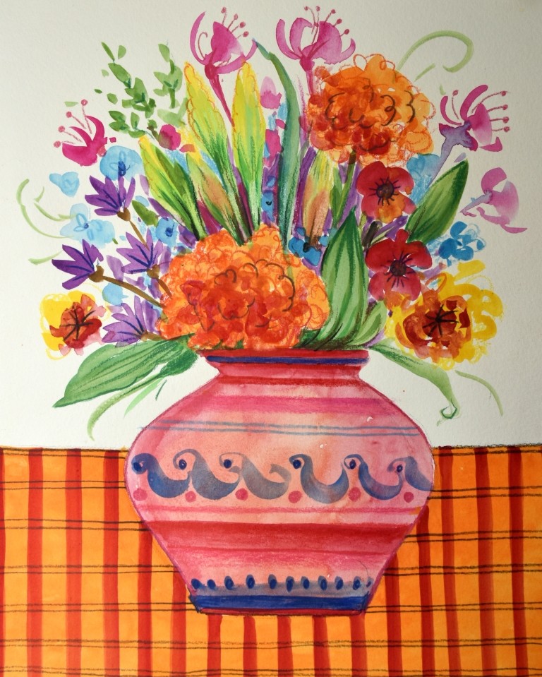 Bunter Blumenstrauß in rosa Vase, wunderschönes leuchtendes Aquarell von Biggi Hopp in St. Egidien